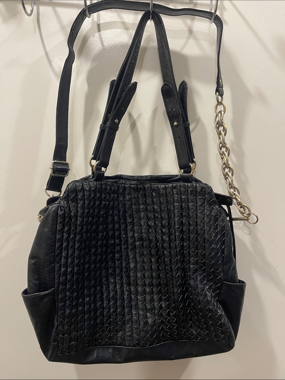 Elliott Lucca Black Woven-Texture Shoulder Bag with Chain Accent